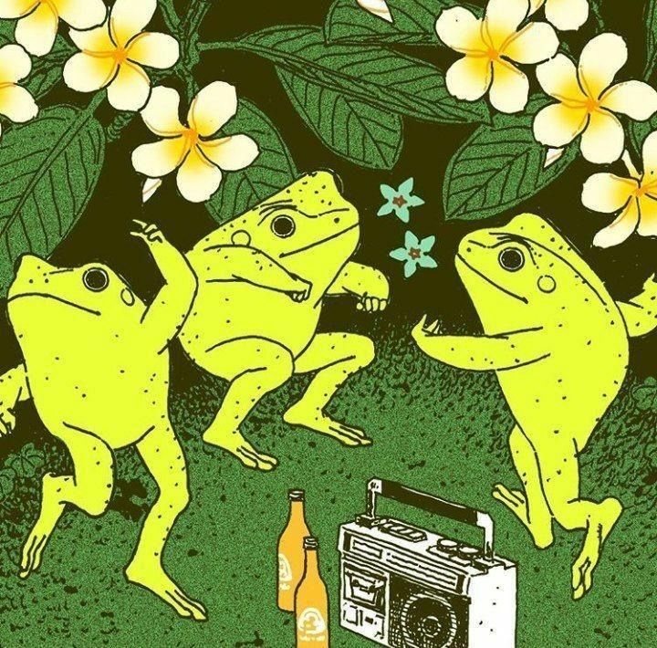 two frogs next to an old radio