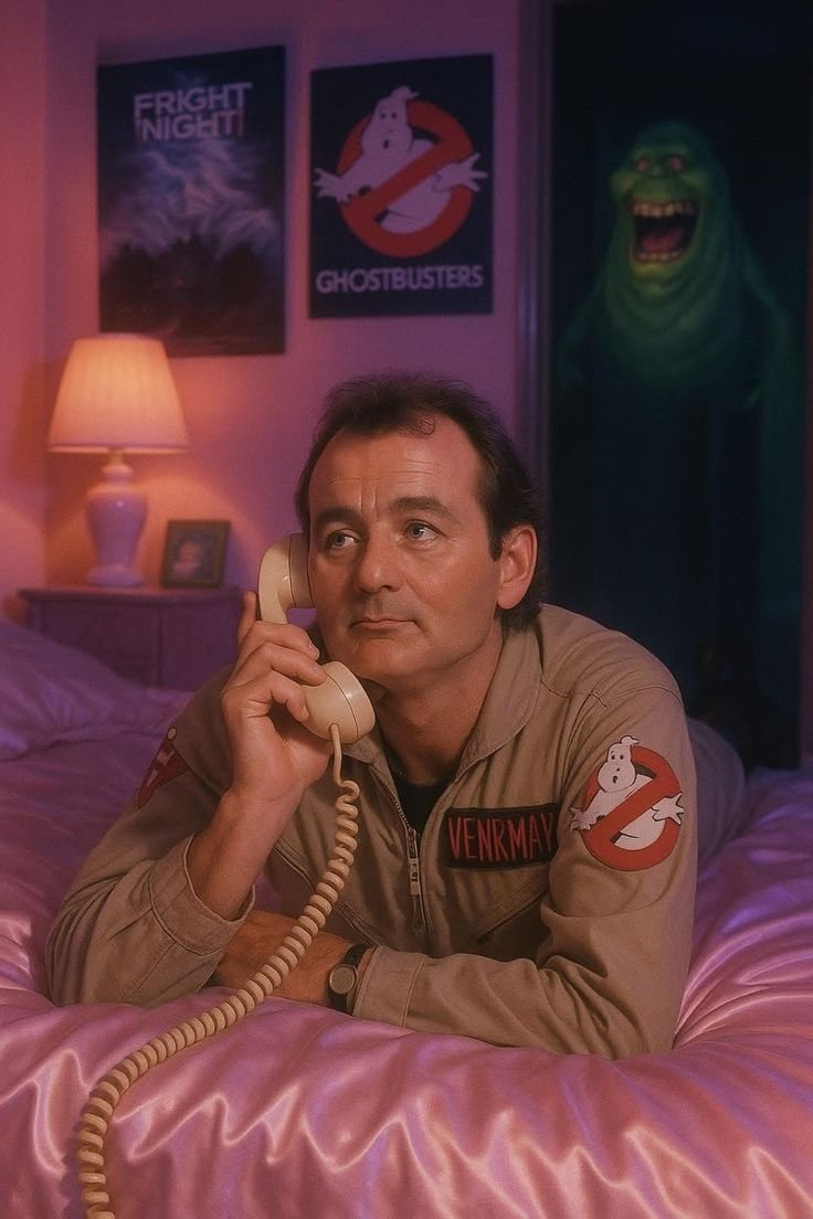 a man on a bed talking on an old phone