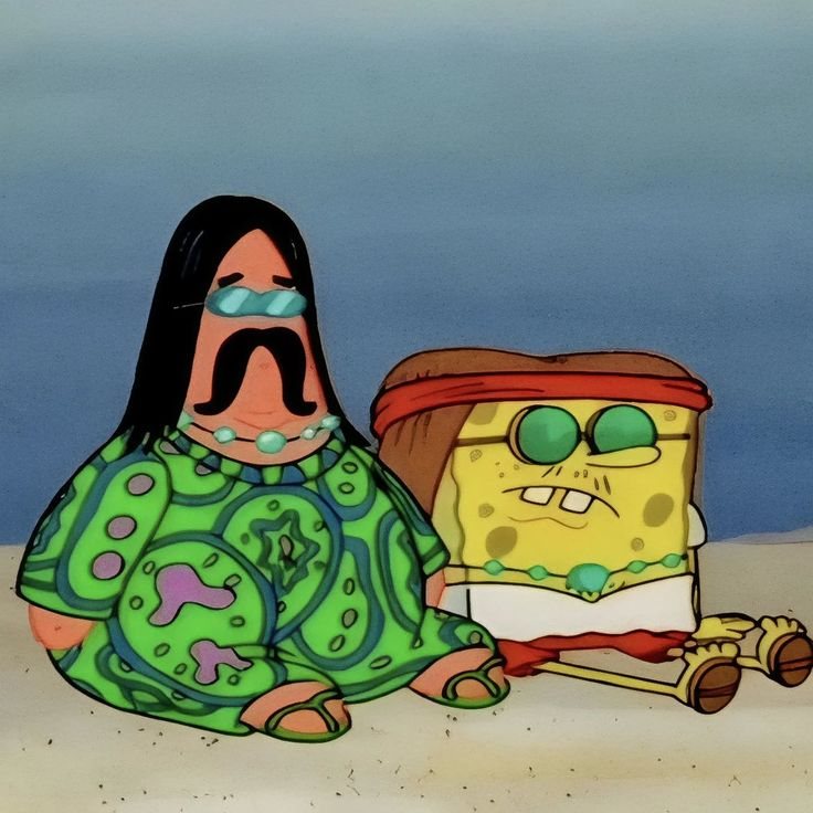 a cartoon character sitting in the sand