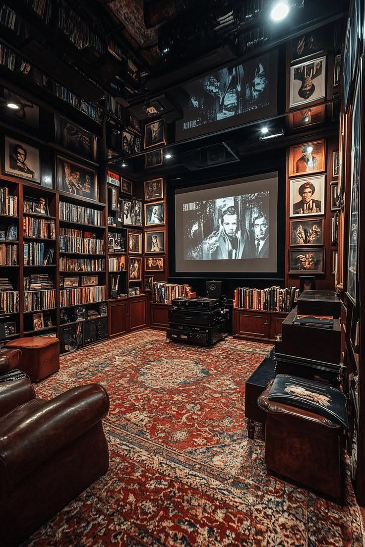 a room with bookshelves and leather chairs